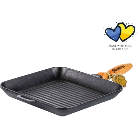 Maysternya Grillpan gietijzer met houten handvat 28 x 28 x 4 cm zwart