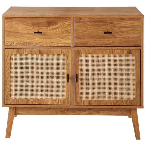CaliCosy Commode met 2 deuren met rotan fronten, 2 lades en houten poten l90 cm
