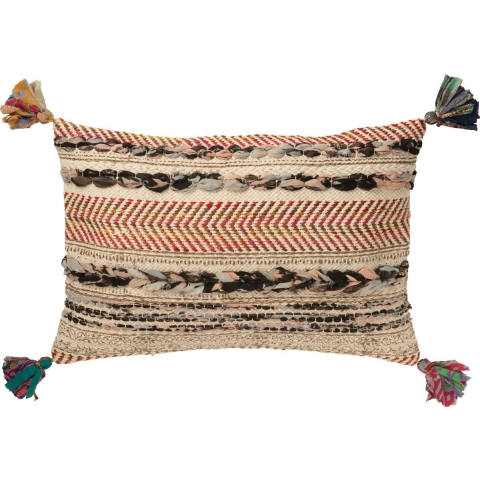 J-Line Cushion rectangle braided chindi+tassels cotton cream/brown