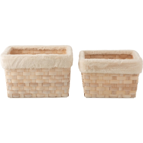 J-Line Set of 2 baskets rectangle+imitation fur rattan flat natural white wash
