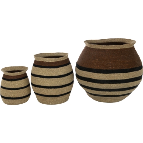 J-Line Set of 3 baskets round striped marie seagrass brown black