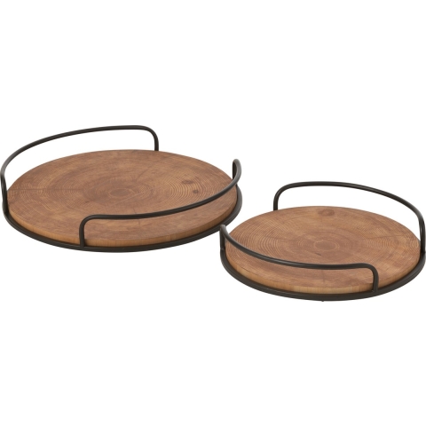J-Line Set of 2 trays round mdf/iron natural/black