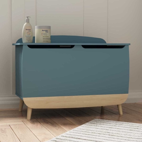 CaliCosy Coffre à jouets avec couvercle bleu orage et décor bois naturel l82,4 cm -