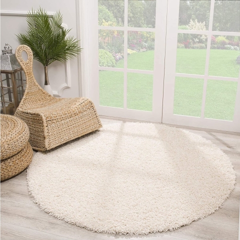 Muratap Rond loca shaggy vloerkleed – modern uni effen – creme hoogpolig & zacht- 300 cm