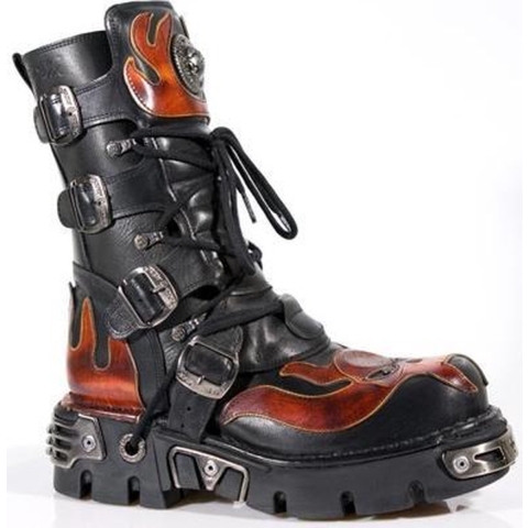 New Rock Flame geaccentueerde zwart/rode leren biker-schedellaarzen - 107-S1