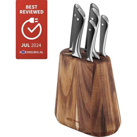 Tefal Jamie Oliver K267S656 6 keukenmessen + messenblok: Koksmes 20 cm  Santokumes 16 5 cm  Vleesmes 20 cm  Broodmes 20 cm  Universeel mes 12 cm  Schilmes 9 cm