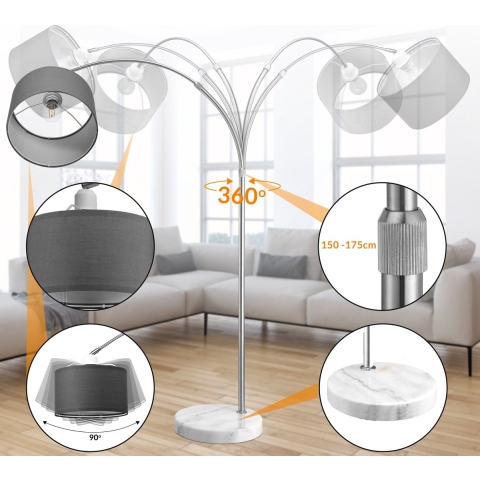 Booglamp Stoffen Kap Marmeren Voet 150-175cm Grijs