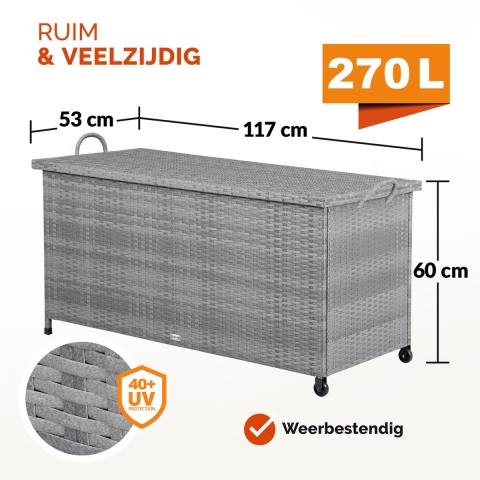 Polyrotan Kussenbox Grijs 117x53x60cm met Wielen