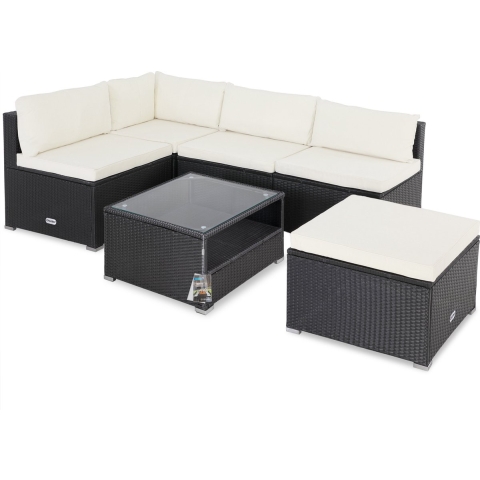 Polyrotan XL Lounge Zwart/Crème dikke rugkussens