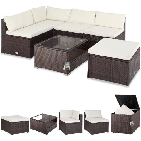 Polyrotan XL Lounge Bruin/Crème met Polyrotan kussenbox Bruin