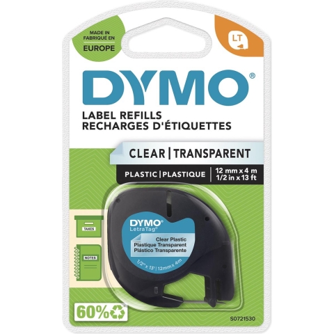 DYMO LetraTag Lettertape 12mm x 4m Zwart Transparant