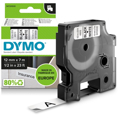 DYMO D1 12mm x 7m Zwart Wit Labels