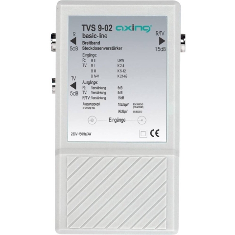 Breedband-contactdoosversterker TVS 9 Frequentiebereik: 47 - 862 MHz Versterking: 2 x 5 dB voor radio + TV en 1 x 15 dB