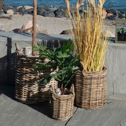 Rieten opbergmand kubu, met handvatten en plastic binnenkant, rond House Nordic Sema (x3)