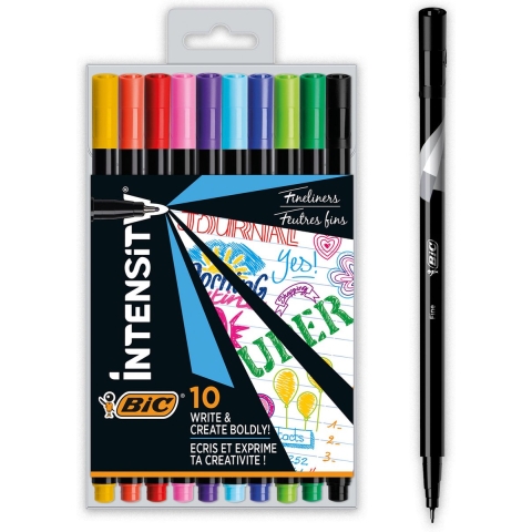 Zakje met 10 fijnschrijverpennen in kinderkleuren BIC Intensity