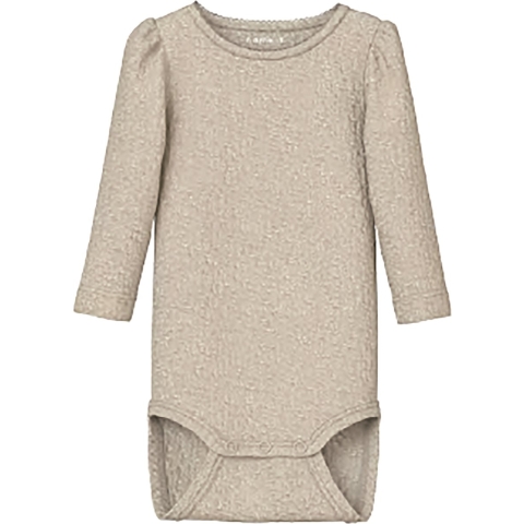 Name It Romper l/s - Rib - NbfRosally - Cement m. Glitter - Name It - 62 - Romper L/S