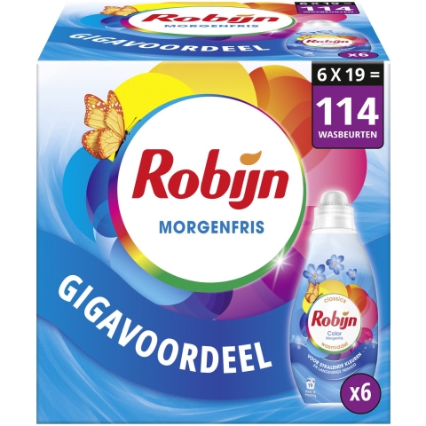 6x Robijn Klein&Krachtig Wasmiddel Morgenfris Color 19 Wasbeurten 665 ml