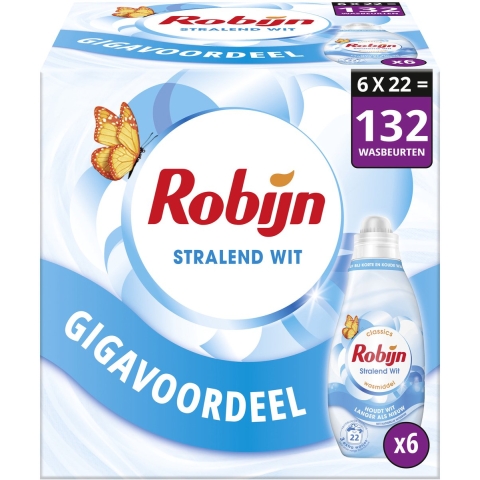 6x Robijn Klein&Krachtig Wasmiddel Stralend Wit 22 Wasbeurten 665 ml