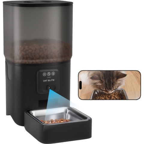 CatElite® - Automatische Voerbak Kat - 6L RVS Voerdispenser met HD Camera&Audio - Dual WiFi 5Ghz&2.4Ghz - Nachtzicht - Zwart