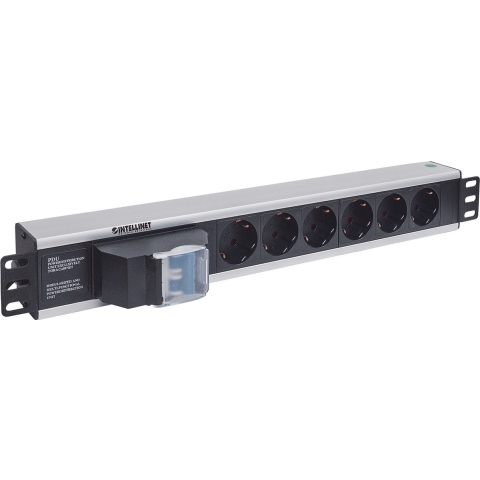 Intellinet 711432 19 inch Stekkerdoos voor patchkast 1.5 HE Geaarde contactdoos Met schakelaar Aluminium, Zwart