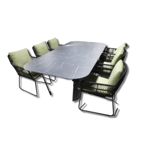 Tuinset Teeburu ovale tafel black, slate 240x120 cm met 4 stoelen Ran stoel black, emerald green Yoi - Yoi