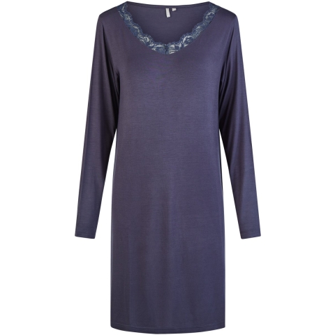 By Louise Dames nachthemd v-hals met kant lange mouw bamboe viscose effen donker