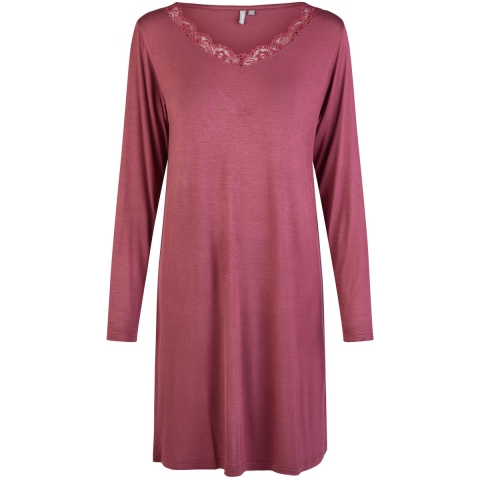 By Louise Dames nachthemd v-hals met kant lange mouw bamboe viscose effen bordeaux