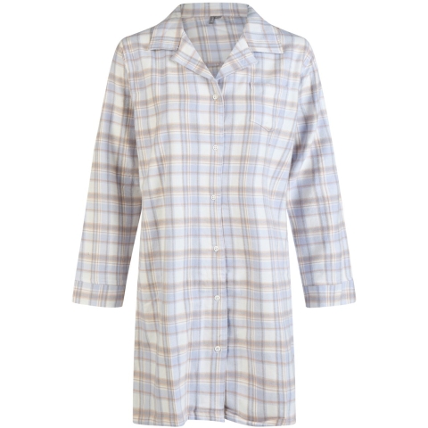 By Louise Dames pyjama nachthemd flanel met knoopjes blauw/wit geruit