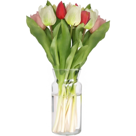 Kunst tulpen boeket Vermeer - 7x stuks - roze/creme - real touch - 31 cm - kunst zijdebloemen -