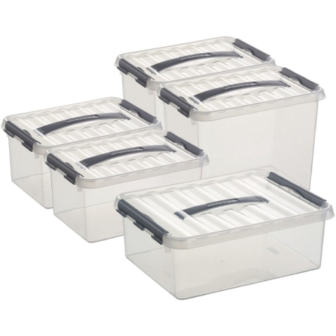 Sunware Q-Line opberg boxen set 5x stuks - 3 maten - 6-9-12 liter - kunststof - transparant/grijs -