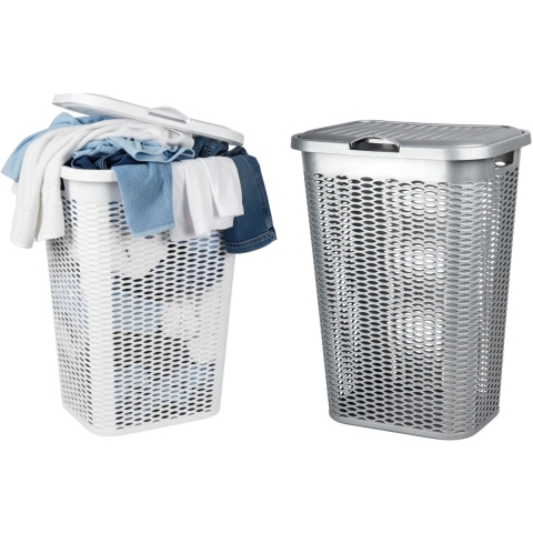 Wasmand Ventilation - met deksel - 2x - wit en zilver - 50 liter - 61 x 43 cm -