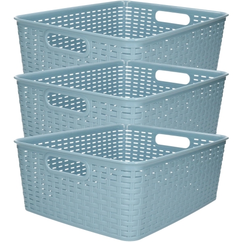 Opbergmand - 3x - Kastmand - rotan kunststof - ijsblauw - 12 Liter - 30 x 37 x 13 cm -