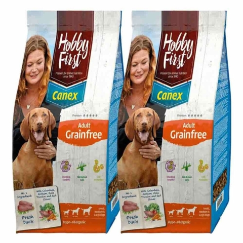 2x HobbyFirst Canex Hondenvoer Adult Graanvrij Eend 12 kg