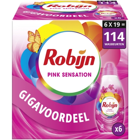 6x Robijn Klein&Krachtig Wasmiddel Pink Sensation 19 Wasbeurten 665 ml
