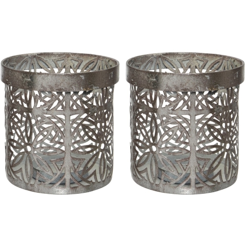Decoris Waxinelicht houders set - 4x - metaal - grijs - bloemenpatroon - Windlichtjes - kaarsenhoude -