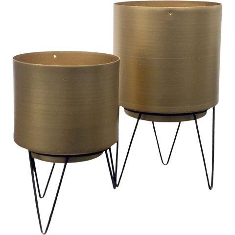 Plantenpotten / bloempotten set - op standaard - 2x stuks - goud - H22-H17 -
