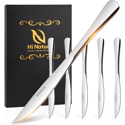 HI NATURE™ Steakmessen 6 Stuks RVS | Vleesmessen, Messenset, Keukenmessen | Vaatwasserbestendig - 22cm - Zilver
