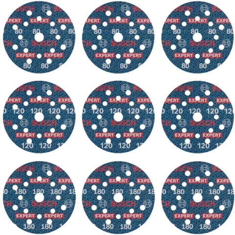 Bosch 2608902407 EXPERT 9-delige Set Schuurschijf O780 Met Film Onderlaag - 125mm - 3xK80/3xK120/3xK180