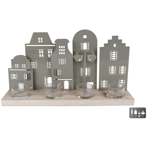 Theelichthouder Hollands Straatje 38x8.5x20 cm Sagegroen