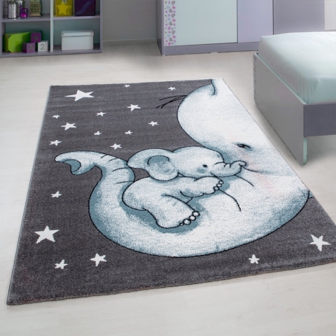 Muratap Kids olifant vloerkleed kinderkamer blauw / grijs laagpolig- 140x200 cm