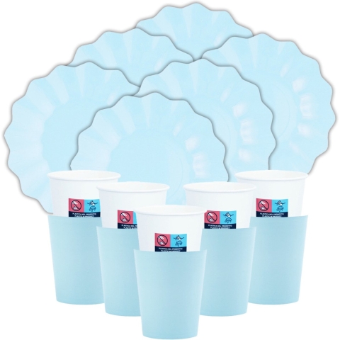Feest/verjaardag gebaksbordjes/bekertjes set New Wave - 32-delig - babyblauw - rond - karton -
