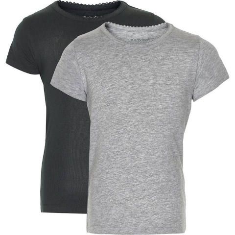 Minymo T-Shirt - 2-pack - Zwart/Grijs Gevlekt m. Kant - Minymo - 7 jaar (122) - T-Shirts