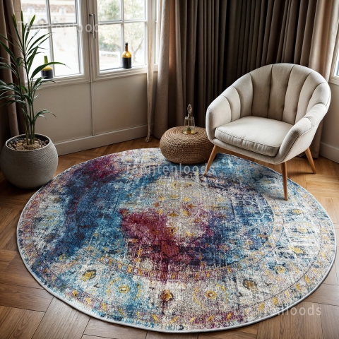 Muratap Picasso heriz vintage rond vloerkleed multi / blauw laagpolig- 200