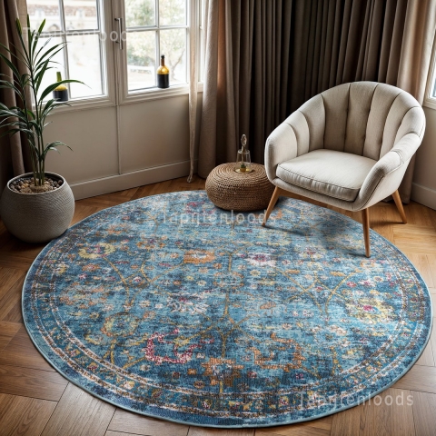 Muratap Picasso sarough vintage rond vloerkleed blauw laagpolig- 240 cm