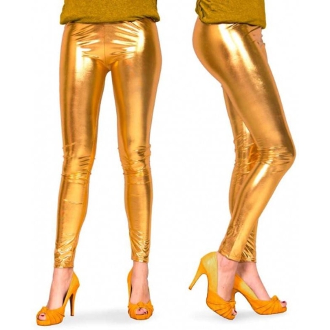 Verkleed legging - metallic goud - dames - glimmende dameslegging - verkleedaccessoires S/M -