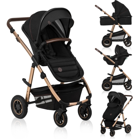 Lionelo Amber 3in1 - Kinderwagen Reiswieg Buggy Autostoel - ADAC getest - Geveerde Pompwielen - Zacht Babymatras - Compact Opvouwbaar - Kleur: Black Onyx