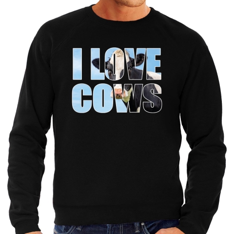 Tekst sweater I love cows met dieren foto van een koe zwart voor heren S -