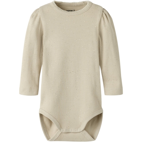 Name It Romper l/s - Rib - NbfRosally - Cement m. Glitter - Name It - 56 - Romper L/S