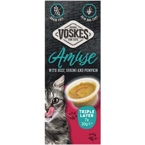 4x Voskes Kattensnack Triple Layer Rund-Sumiri-Pompoen 7x30 gr