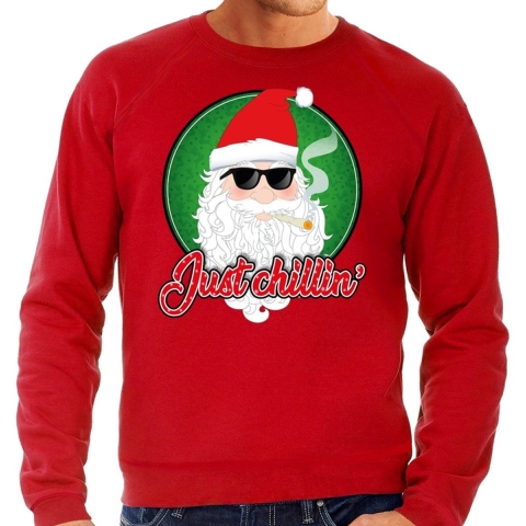 Foute Kersttrui just chillin - blowende kerstman - rood - heren - kerstborrel - sweater S (48) -